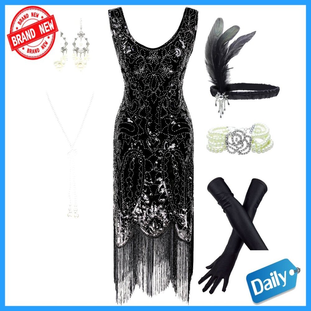 Flapper Fringe Beaded Midi Dress with Costume Set for Gatsby Party